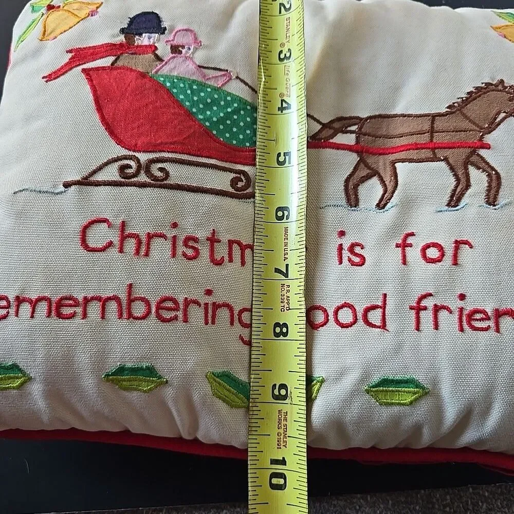 Vintage Silvestri Christmas Pillow Embroidered Applique Sleigh Horse Bells Holly